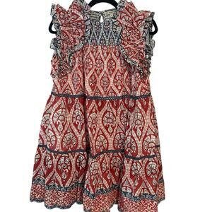 Ash & Eden Red Olga Mini Tiered Dress S Smocked Ruffle Sleeve Cotton Tuckernuck